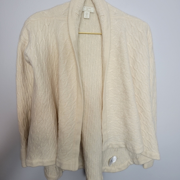 Small St. Tropez Cream 2 Ply Cashmere Cableknit Shawl Collar Open Front Cardigan - Picture 1 of 6